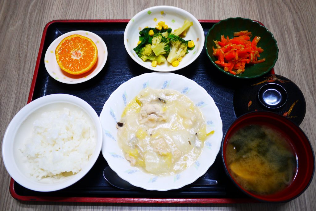 きょうのお昼ごはんは、鶏肉と白菜のクリーム煮、サラダ、ツナ人参、みそ汁、果物でした。