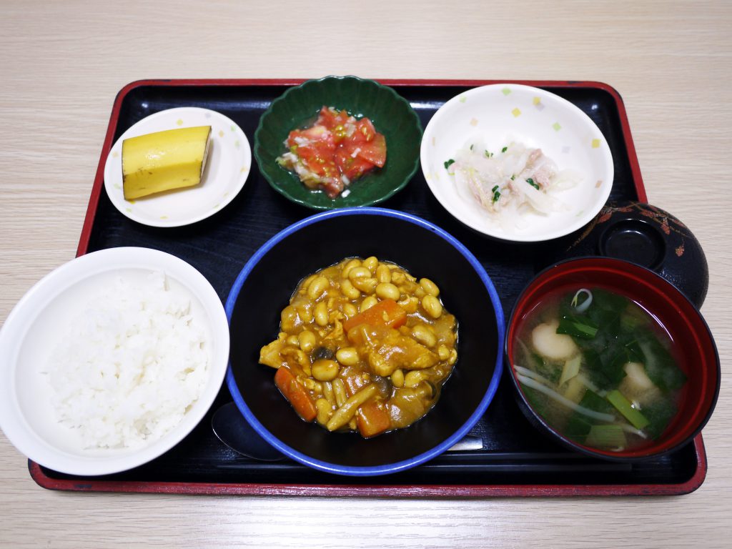 今日のお昼ごはんは、鶏肉と大豆のカレー煮、大根サラダ、ねぎ塩トマト、みそ汁、果物でした。