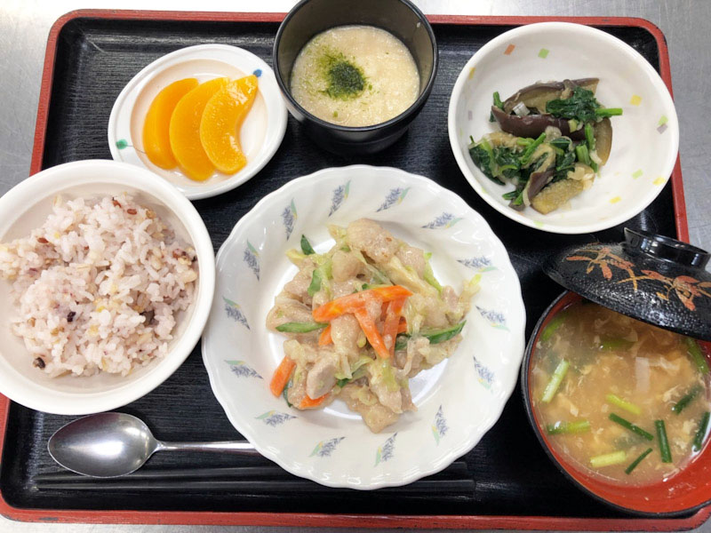 きょうのお昼ごはんは、十穀ごはん・鶏肉の湯引き・薬味ナス・おとろ・かきたま汁・くだものでした。