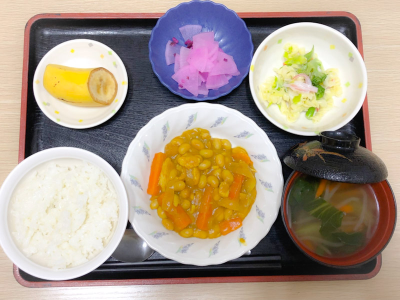 今日のお昼ごはんは、鶏肉と大豆のカレー煮、サラダ、しば漬け大根、みそ汁、果物でした。