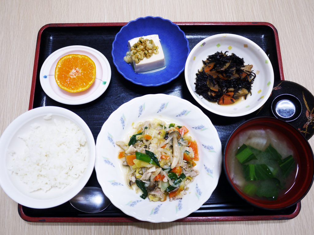 きょうのお昼ごはんは、肉野菜炒め・ひじき煮・煮奴・みそ汁・くだものでした。