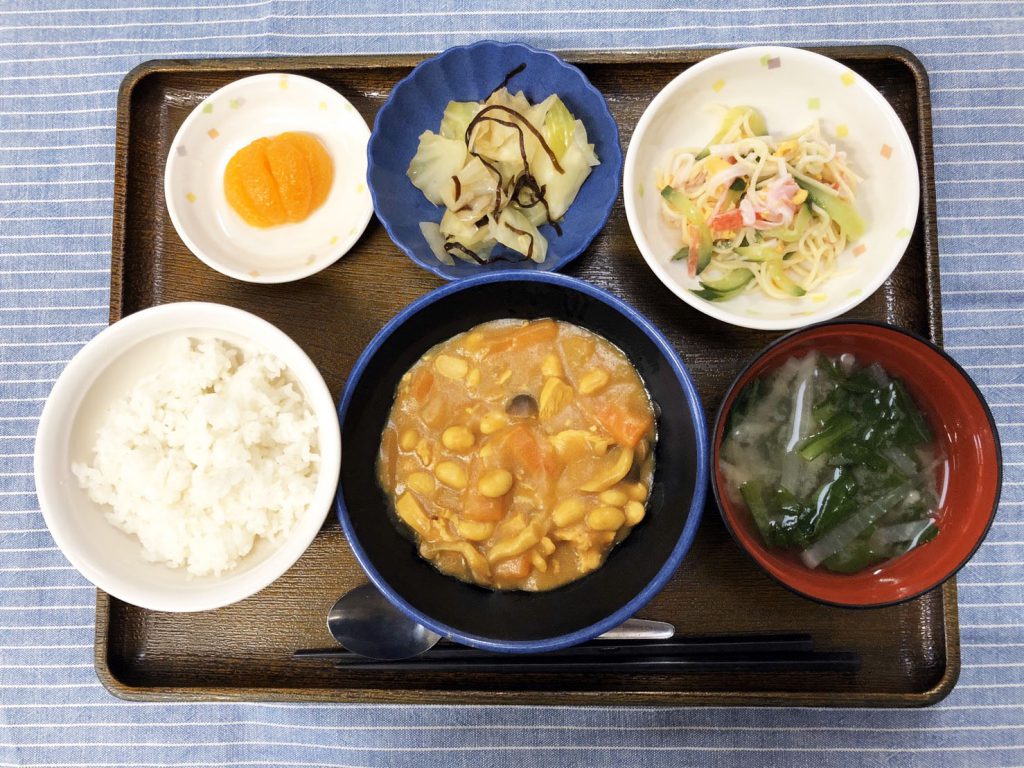 きょうのお昼ごはんは、鶏肉と大豆のカレー煮・サラダ・浅漬け・みそ汁・くだものでした。