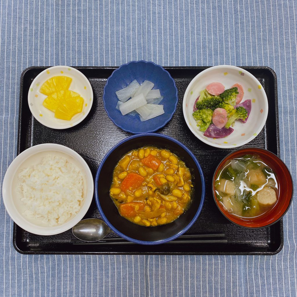 きょうのお昼ごはんは、鶏肉と大豆のカレー煮・サラダ・ゆず大根・みそ汁・くだものでした。