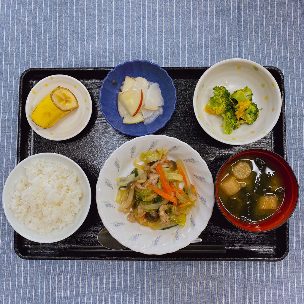 きょうのお昼ごはんは、豚肉のしっとり生姜風味・りんごと大根のサラダ・花野菜・みそ汁・くだものでした。