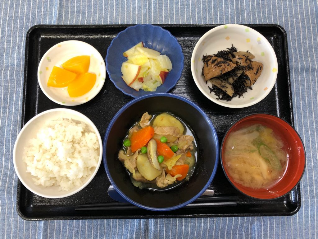 きのうのお昼ごはんは、カレー肉じゃが・白菜とリンゴのサラダ・ひじき煮・みそ汁・くだものでした。