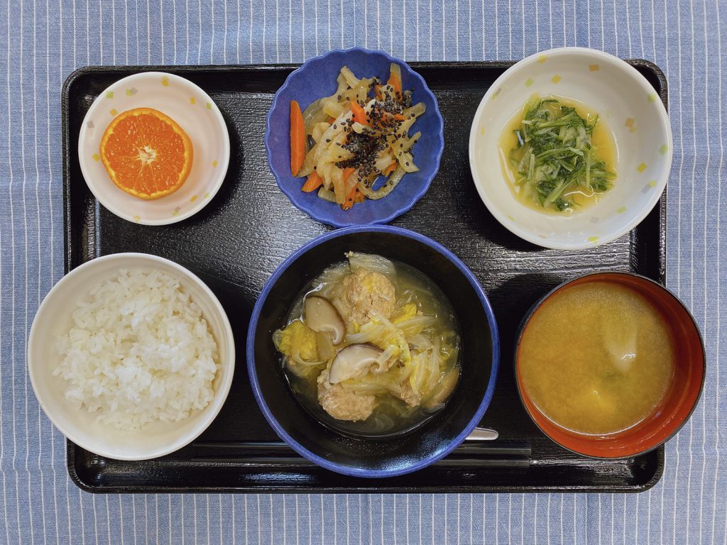 きょうのお昼ごはんは、肉団子と白菜の旨煮・根菜きんぴら・水菜のからし酢みそがけ・味噌汁・くだものでした。