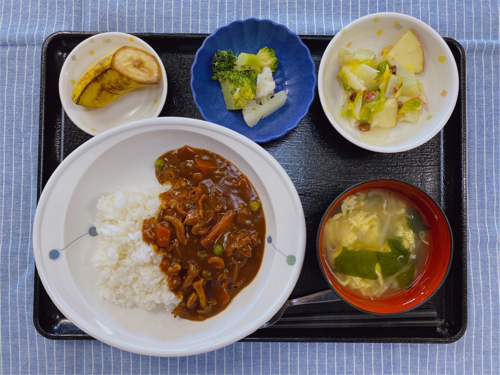 きのうのお昼ごはんは、ハヤシライス・りんごと白菜のサラダ・花野菜・スープ・果物でした。