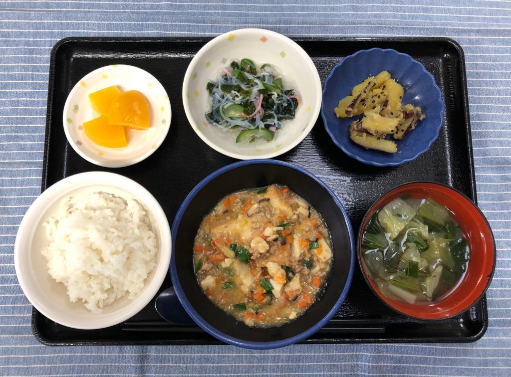 きのうのおひるごはんは、家常豆腐・春雨の酢の物・大学芋煮・みそ汁・くだものでした。