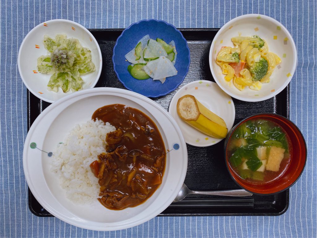 きょうのお昼ごはんは、ハヤシライス・ゆで卵サラダ・浅漬け・味噌汁・くだものでした。そして、ふきのとうの天ぷらが一品、季節のものとしてお出ししています。