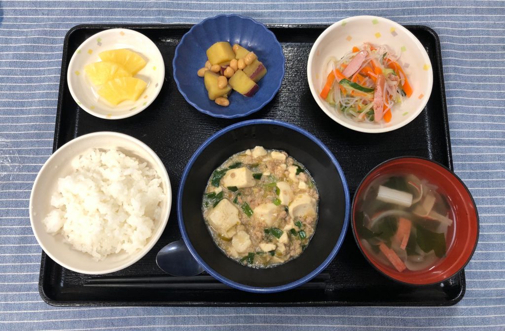 きょうのお昼ごはんは、麻婆豆腐・中華サラダ・コロコロ煮・みそ汁・くだものでした。