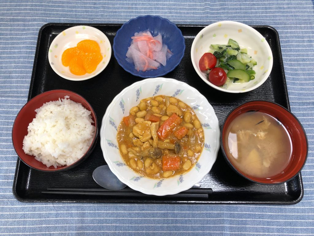 きょうのお昼ごはんは、鶏肉と大豆のカレー煮・サラダ・紅生姜大根・みそ汁・くだものでした。