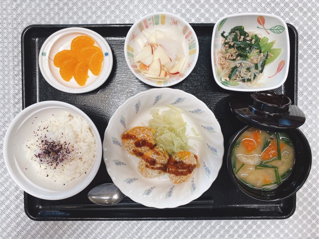 きょうのお昼ごはんは、枝豆とかぼちゃのコロッケ・そぼろ煮・りんごと大根のサラダ・たっぷり野菜の汁物・くだものでした。