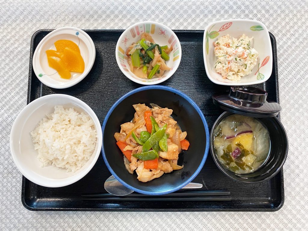 1月21日土曜日　きょうのお昼ごはんは、豚肉と厚揚げのみそ炒め・切り干し煮・おからサラダ・みそ汁・くだものでした。