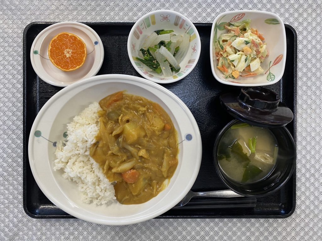 12月26日火曜日　きょうのお昼ごはんは、カレーライス・ゆで卵サラダ・浅漬け・みそ汁・果物でした。