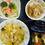 2月14日金曜日　きょうのお昼ごはんは、鶏肉と白菜のとろみ炒め・和え物・梅ごぼう・みそ汁・くだものでした。