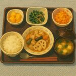 4月3日木曜日　きょうのお昼ごはんは、和風ポトフ・ごま和え・人参の卵炒め・みそ汁・くだものでした。