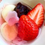 4月4日金曜日　きょうのおやつは、桜の白玉あんみつでした。