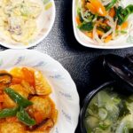 4月9日水曜日　きょうのお昼ごはんは、肉だんごの酢豚風・三色ナムル・白和え・みそ汁・くだものでした。